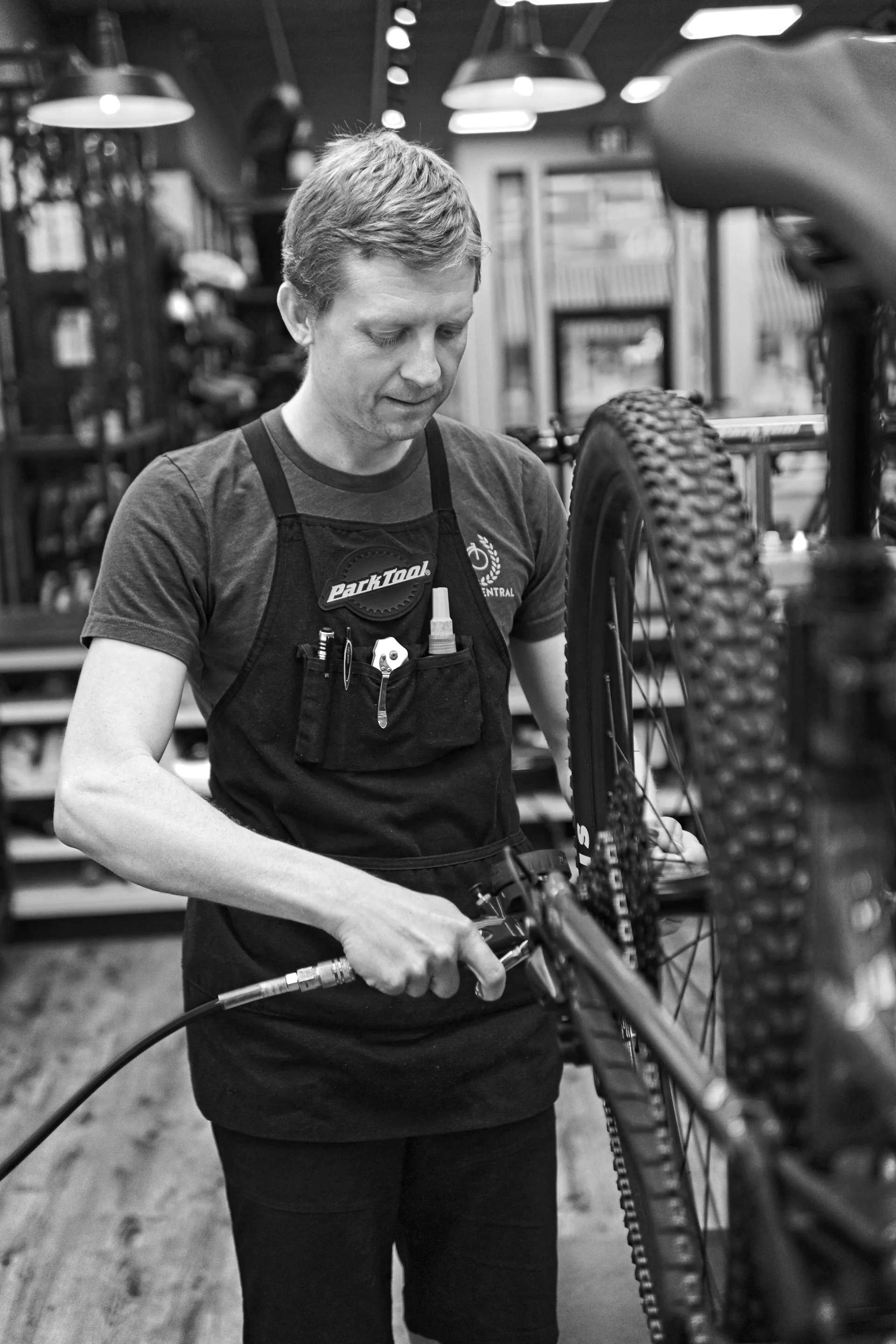 Bicycle mechanic working on a bike